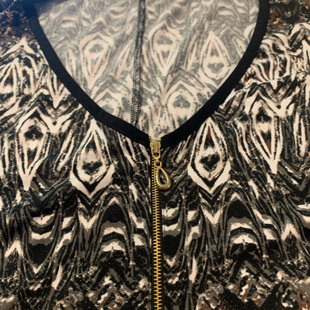 Artsy Glamour Top by Cato. Black/Ivory, Silky Pull-Over with 1/4 Zip.Relaxed Fit - Picture 2 of 11